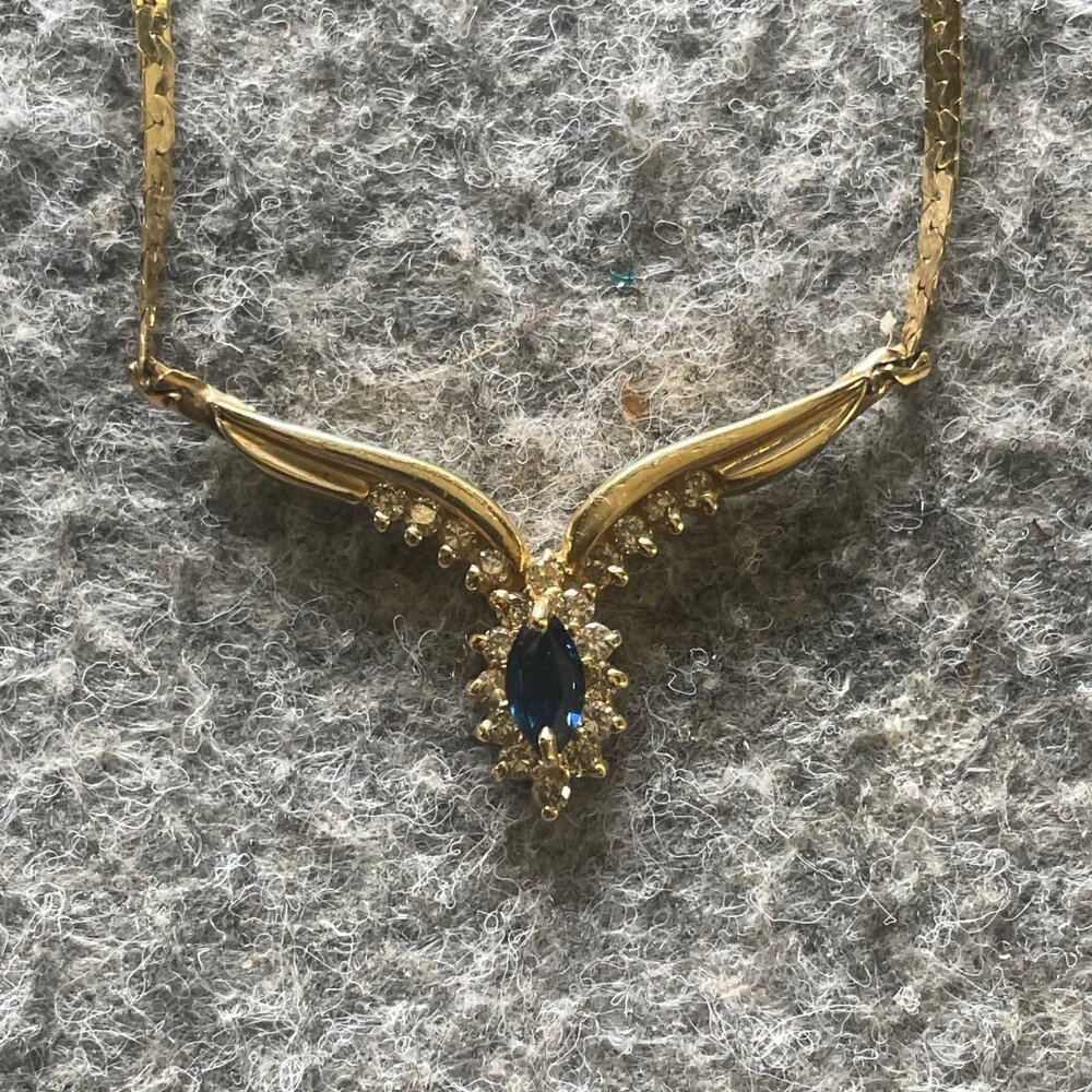 14k Herringbone Gold Necklace with Sapphire